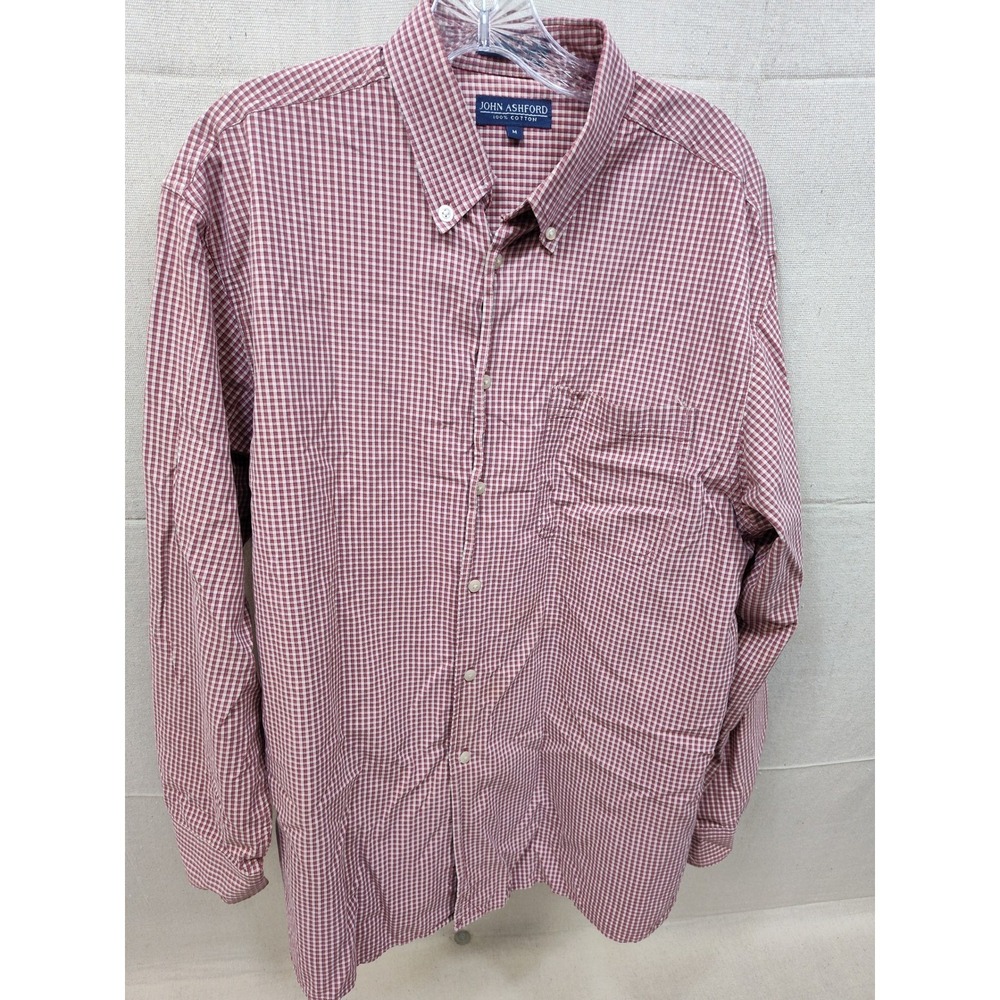 John Ashford Mens Medium‎ Red White Gingham Check Button Down Shirt 100% Cotton